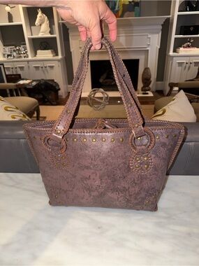 Textured Brown Stud-Accent Shoulder Bag